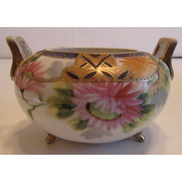 Nippon Other - Antique Nippon Hand Painted 3 Footed Small Trinket/Dressing/Ginger Jar Gold Trim